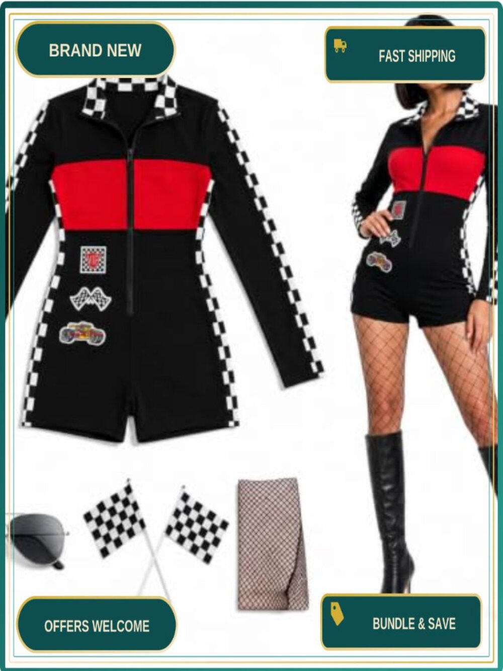 Racer Jumpsuit Costume Set Checkered Flags Fishnet Tights Halloween